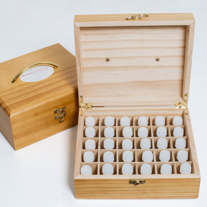 Large Homeopathic first aid kit with 30 remedies in a wooden box with individual slots for each remedy
